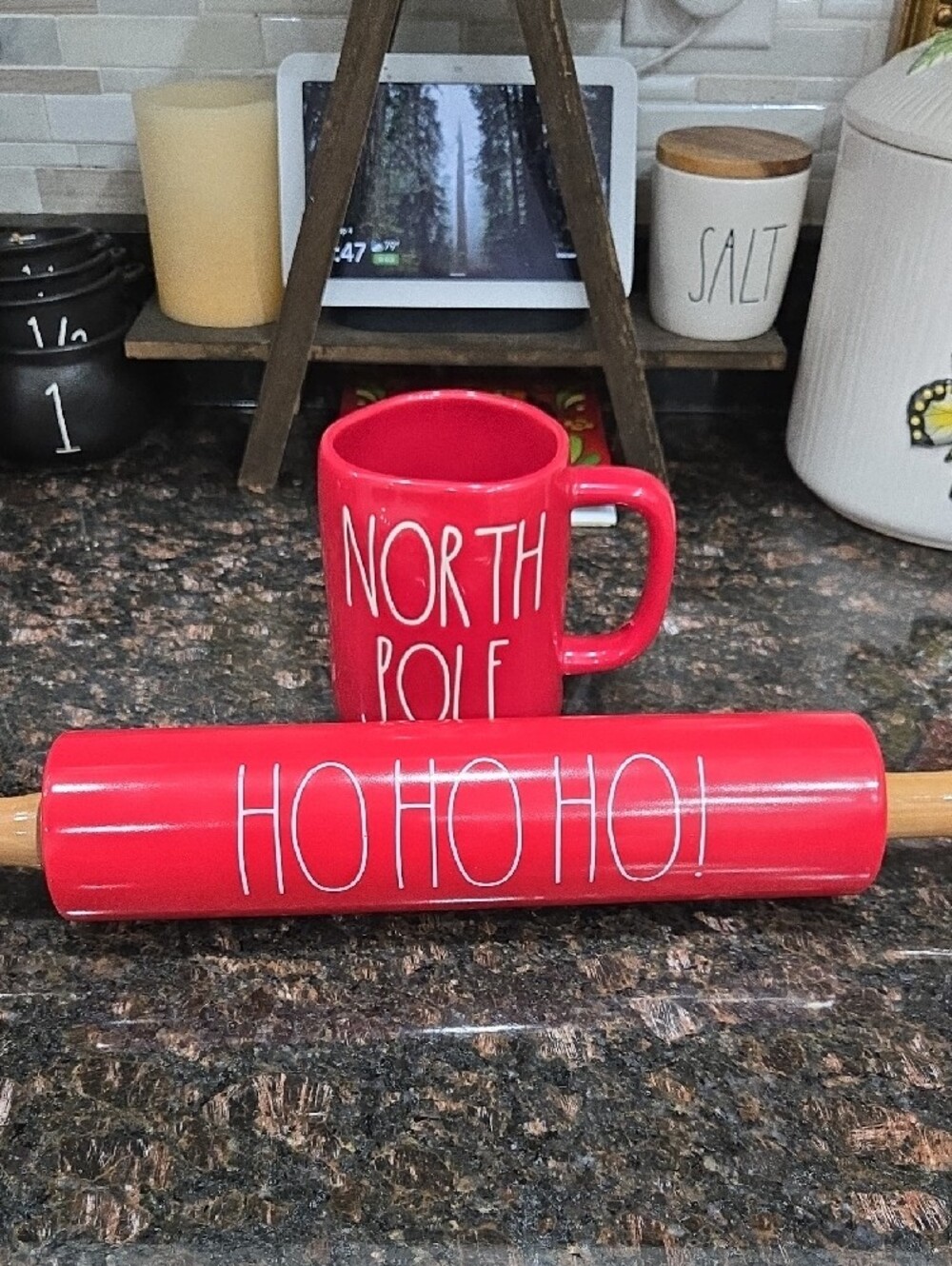 Rae Dunn Red HO HO HO Rolling Pin And North Pole Mug